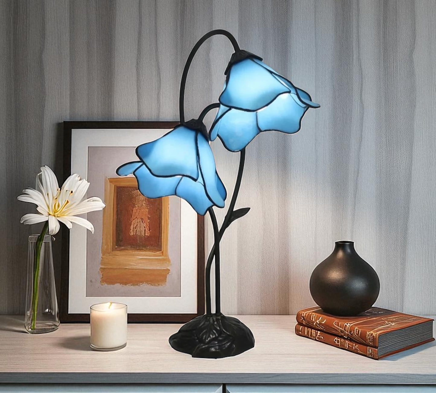 LARGR Water Lily Flower Style Tiffany Table Lamp (12034B)