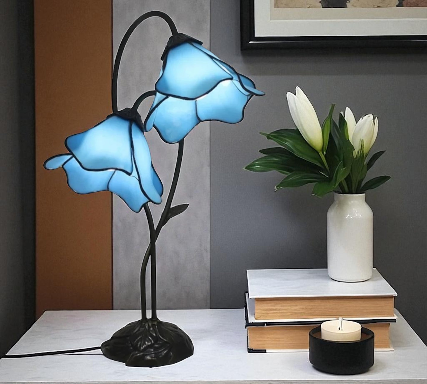 LARGR Water Lily Flower Style Tiffany Table Lamp (12034B)