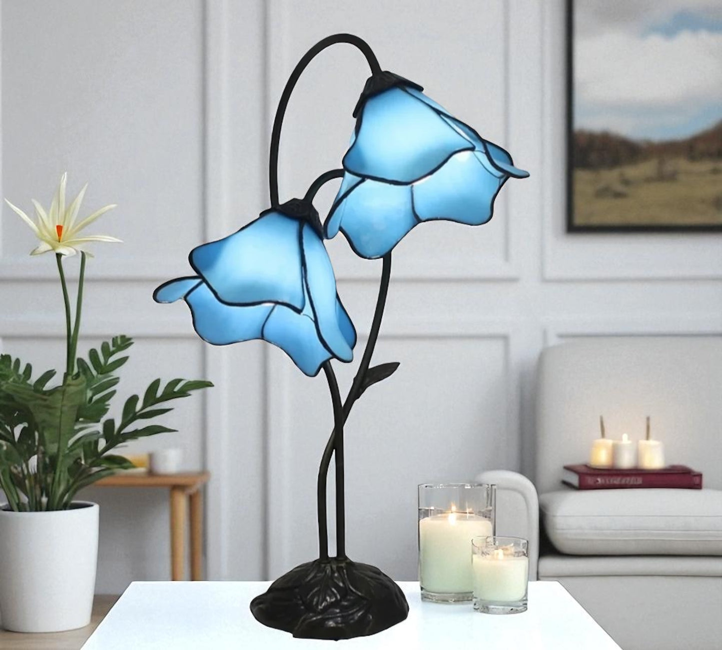 LARGR Water Lily Flower Style Tiffany Table Lamp (12034B)