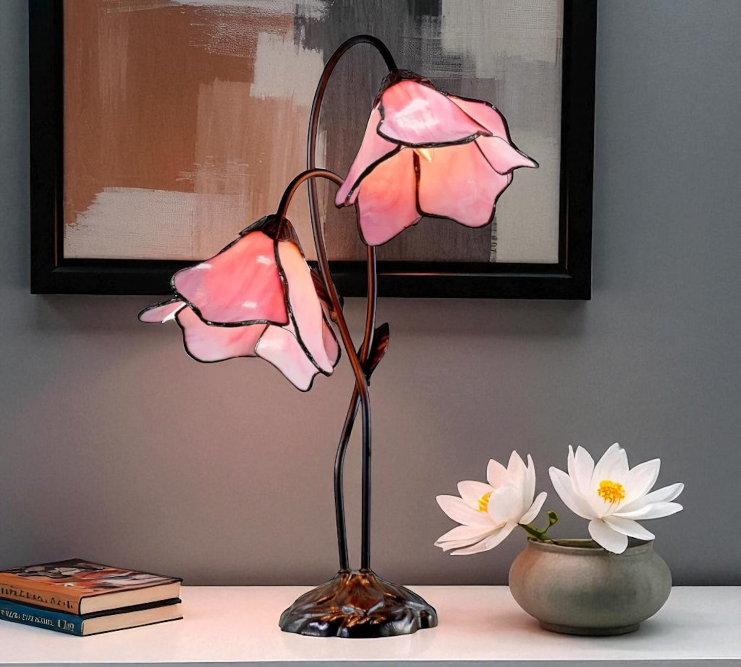 LARGR Water Lily Flower Style Tiffany Table Lamp (12034R)