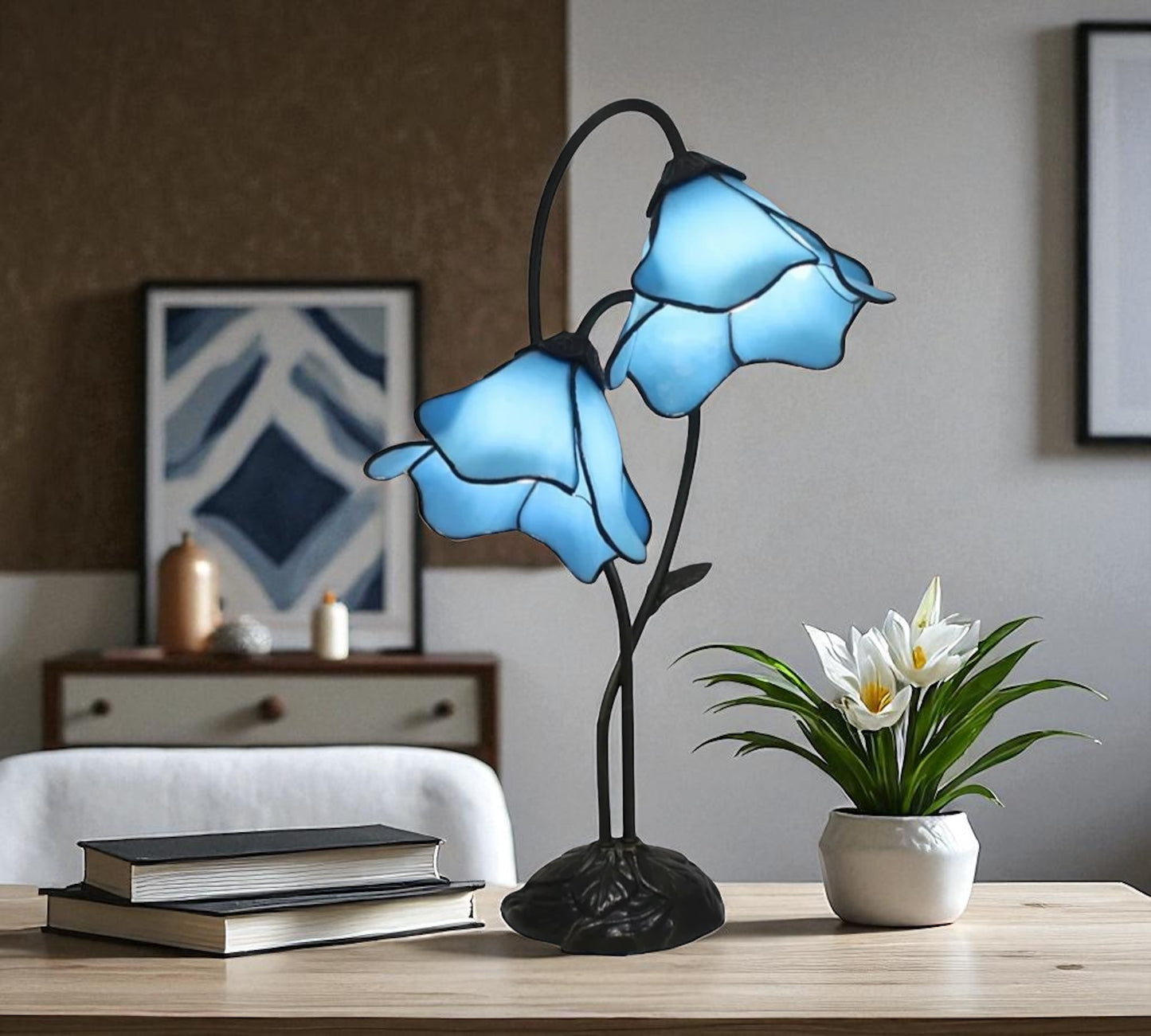 LARGR Water Lily Flower Style Tiffany Table Lamp (12034B)