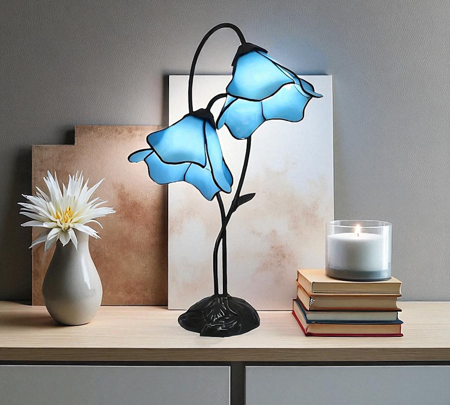 LARGR Water Lily Flower Style Tiffany Table Lamp (12034B)