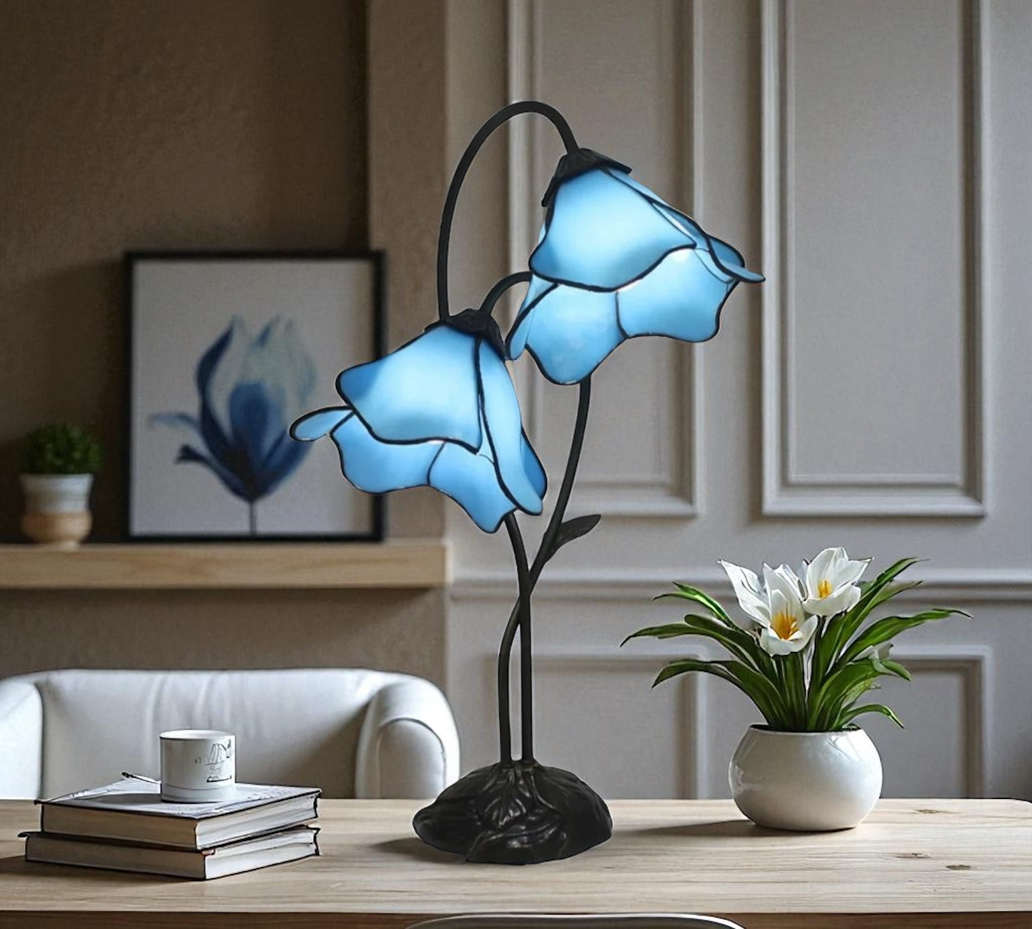 LARGR Water Lily Flower Style Tiffany Table Lamp (12034B)
