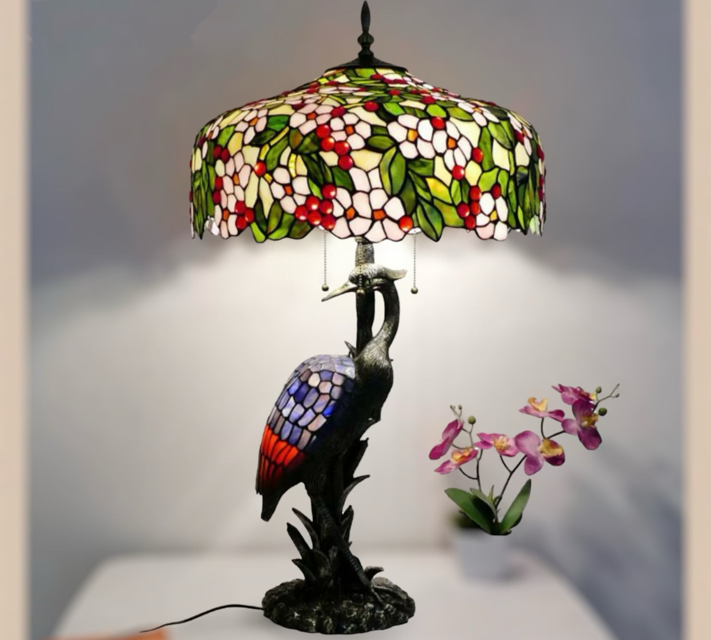 Tiffany Feather Crane Table Lamp 50cm Shade (15067)